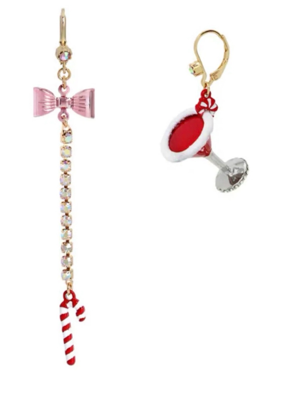Betsey Johnson Pink Bow Asymmetric Candy Cane & Cocktail Drop Earrings